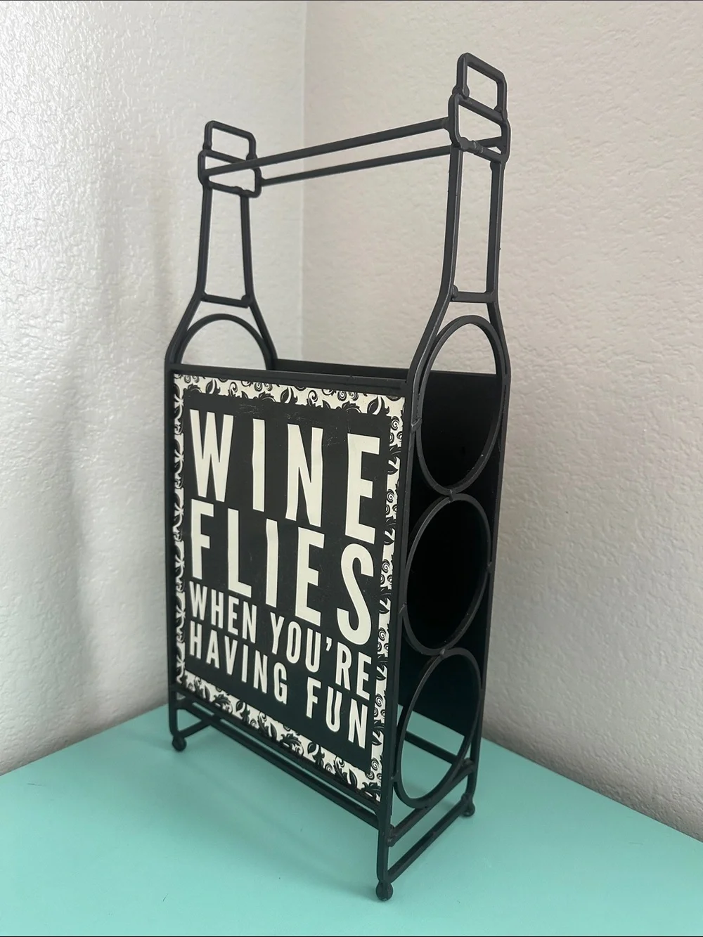 Wine Bottle Rack Décor ‘Wine Flies When You’re Having Fun’-used-good condition